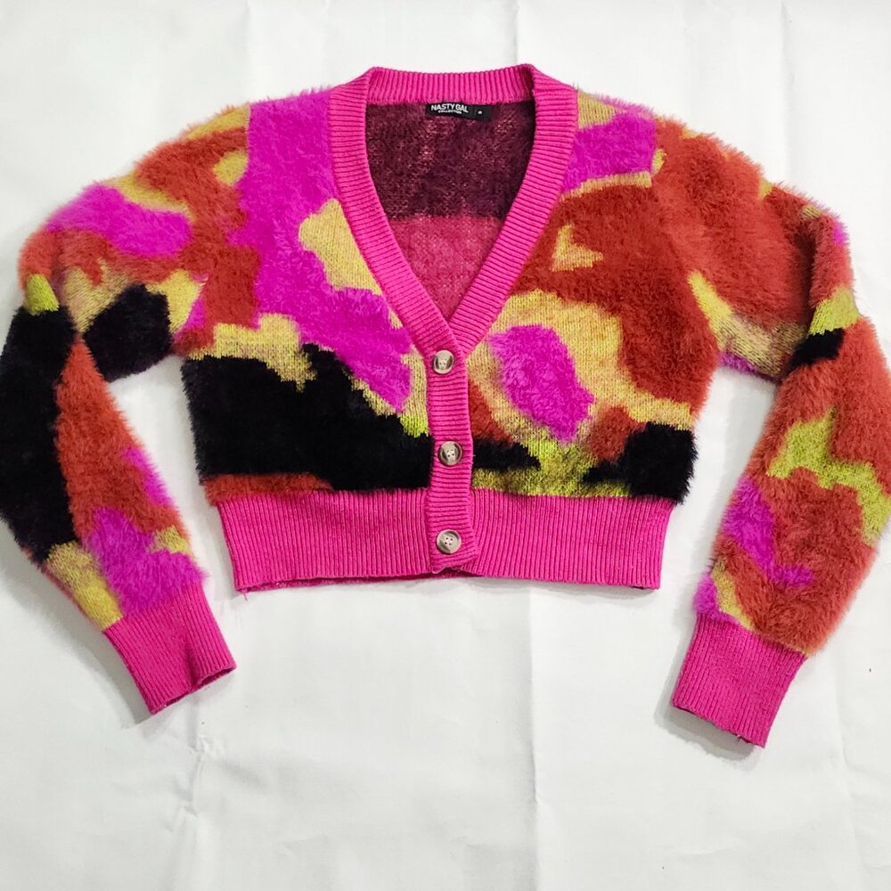 Nasty Gal Collection LS Shorty Jacket Soft Fuzzy Top Women Med Pink Yellow Black
